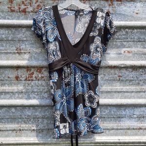 Vneck Tie Back Floral Fit & Flare New Directions Silky Blouse